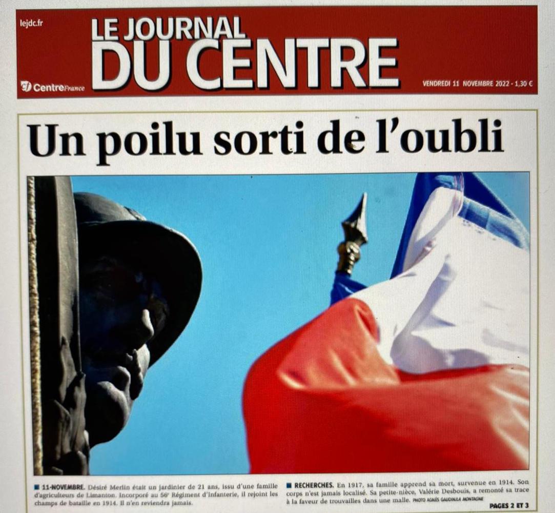 Une du Journal du Centre : « Un poilu sorti de l'oubli », cérémonie pour le soldat Désiré Merlin, novembre 2022