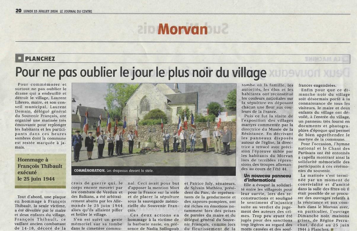 Journal du Centre 15 juillet 2024, sur la cérémonie du 25 juin en l'honneur de François Thibault
