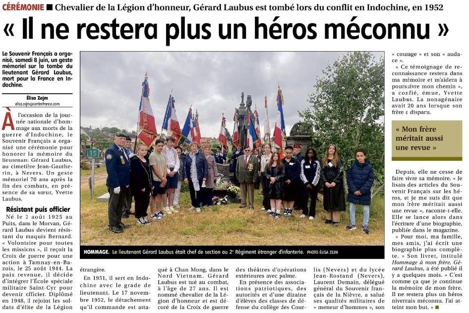 Journal du Centre, 8 juin 2024. Cérémonie en l'honneur du lieutenant Laubus.