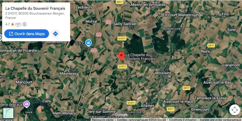 Plan d'accès à la Chapelle du Souvenir Français, entre Bergen et Bouchavesnes (Somme)